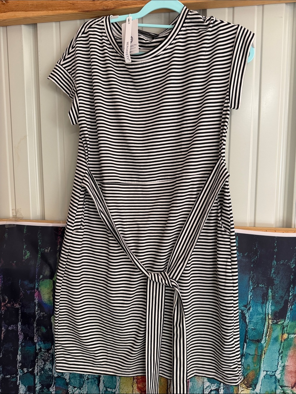 Black & White Striped Tie-Waist Midi Dress
